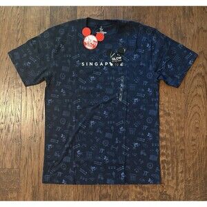 NWT Disney Adult Large Graphic T-Shirt Navy Blue Mickey Loves Singapore GLOW